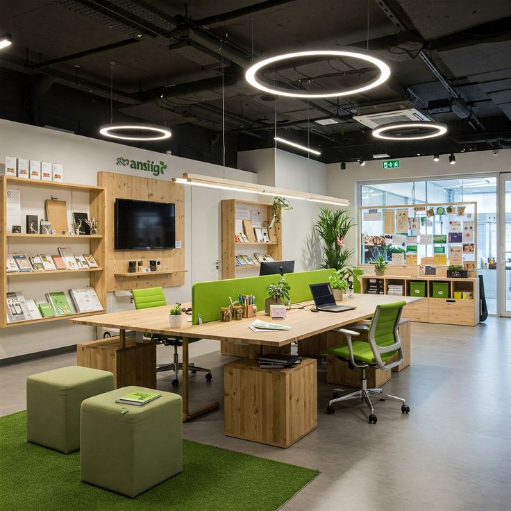 Illustratie van een ergonomisch ingerichte kantooromgeving met groene accenten